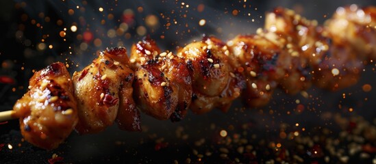 A close up of a chicken skewer on a stick, with billowing smoke, ready to be enjoyed as a delicious dish or appetizer at a culinary event - obrazy, fototapety, plakaty
