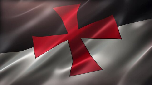 The Flag of the Knights Templars, perspective view, high-angle, glossy, elegant silky texture, waving in the wind, movie-like look, realistic 4K CG animation, slow-motion fluttering, loop-able.