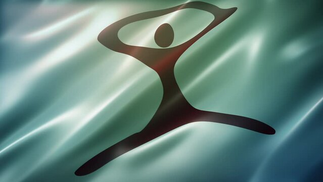Indalo Symbol Flag, perspective view, high-angle, glossy, elegant silky texture, waving in the wind, movie-like look, realistic 4K CG animation, sleek, slow-motion fluttering, seamless loop-able.