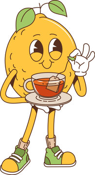 Naklejki Cartoon retro groovy lemon fruit character drink tea with a teacup. Isolated vector comic food personage with nostalgic funky smile, dipping tea bag into glass cup, spreading citrus, zestful vibes