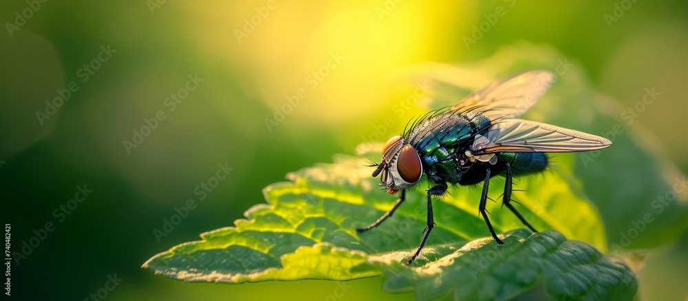 Poster Close-up of a tiny fly resting on a vibrant green leaf in nature's tranquil setting