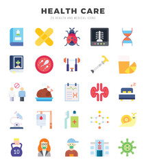 Set of 25 HEALTH CARE Flat Icons Pack.