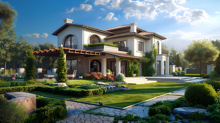 3D illustration. new house with garden. spring time , 3d rendering modern classic house with luxury design garden

