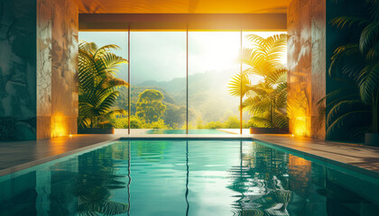 Tropical Escape: Infinity Pool Overlooking a Lush Mountain View at Sunset