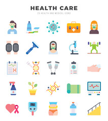 Set of 25 HEALTH CARE Flat Icons Pack.