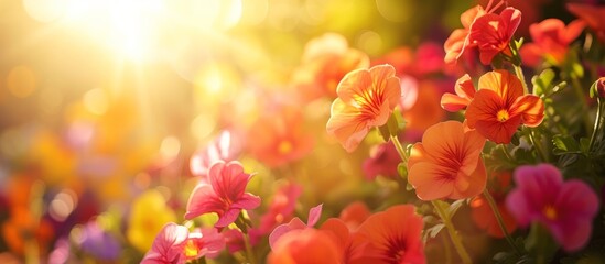 Vibrant and colorful flowers basking in the warm sunlight in a beautiful garden setting