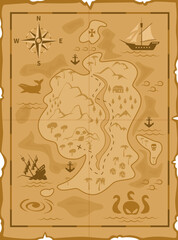 Cartoon pirate treasures map. Vector worn fantasy vintage parchment with sea, land, Caribbean islands, monster, compass wind rose and sail ships. Isolated old, antique, medieval paper adventure map