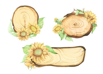 Wooden slice with floral decoration. Watercolor illustration. Perfectly for wedding, birthday invitation, greeting card, logo design. Floral decor.