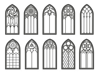 Medieval gothic church glass windows and castle arches of cathedral, vector architecture. Vintage gothic windows with stained glass pattern in arch or antique temple and Renaissance church windows