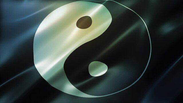 Yin and Yang flag, Tai Chi symbol on black background, high-angle, elegant silky texture, movie-like look and feel, realistic 4K CG animation, sleek, slow-motion fluttering, seamless loop-able.