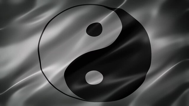 Yin and Yang flag, Tai Chi symbol on white background, front view, elegant silky texture, movie-like look and feel, realistic 4K CG animation, sleek, slow-motion fluttering, seamless loop-able.