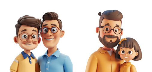 Father’s Day or Children’s Day Set Collection: Father, Son, Daughter, and Child in Simple 3D Cartoon Render, Isolated on Transparent Background, PNG
