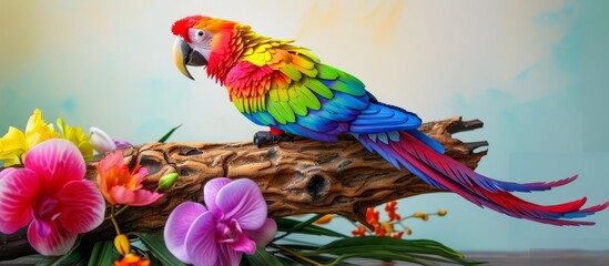 Vibrant parrot resting on tree branch in a colorful tropical setting