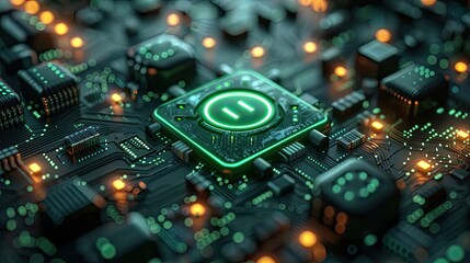 Digital green power switch icon on futuristic background, digital lines on background, black background, 3d blender