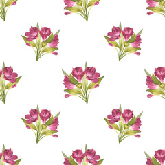 Alstroemeria. Beautiful Peruvian Lilly. Seamless pattern of pink flowers with greenery. Watercolor illustration of ornament for background design, textile, packaging