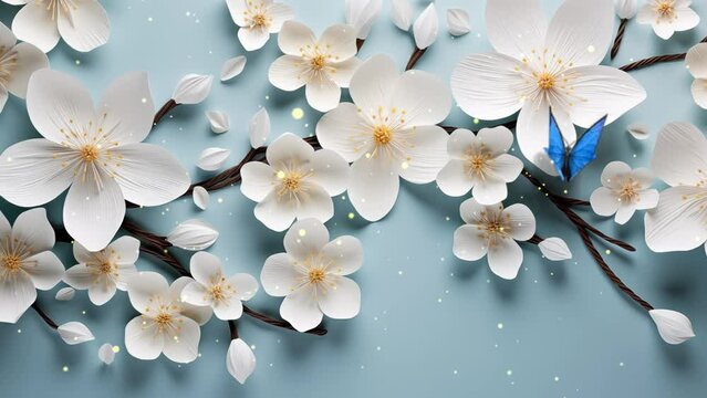 white flowers on paper background. seamless looping overlay 4k virtual video animation background 