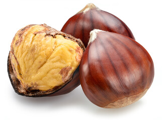 Raw chestnuts isolated on white background. Portuguese traditional snack autumn street food.