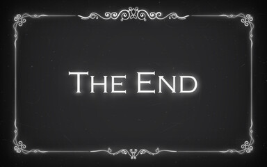 Cinema film end, silent movie screen with retro border. Vector vintage conclusion of the Hollywood movie narrative, features white glowing words the end centered in elegant script on black background