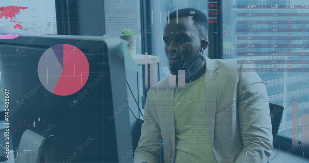 Poster image of financial data processing over businessman with face mask using computer in office