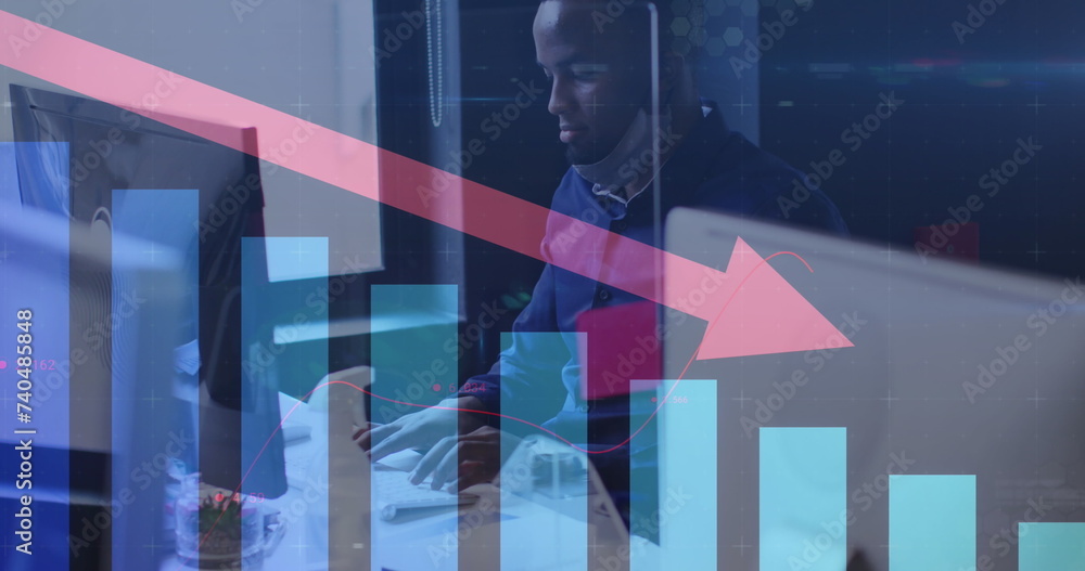 Poster image of financial data processing over businessman with face mask using computer in office