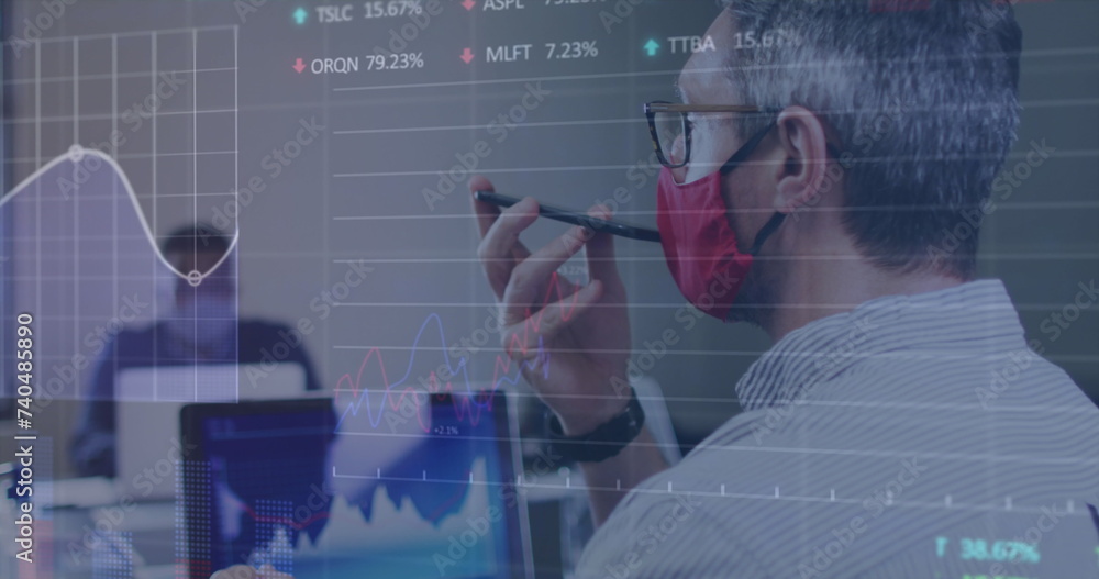 Aufkleber image of financial data processing over businessman with face mask using smartphone in office