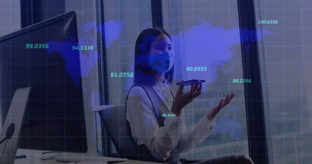 Rolgordijnen Aziatische plekken Image of financial data processing over asian businesswoman with face mask in office