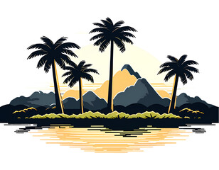 Summertime sunset with palm trees mountains, river transparent background PNG of nature