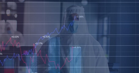 Image of financial data processing over people wearing safety suits disinfecting office