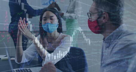 Image of financial data processing over diverse business people with face masks at meeting