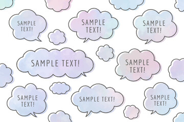 もくもくした雲の形をした吹き出しの線画、モクモクとしたフキダシのベクターイラスト、水彩画風イラスト