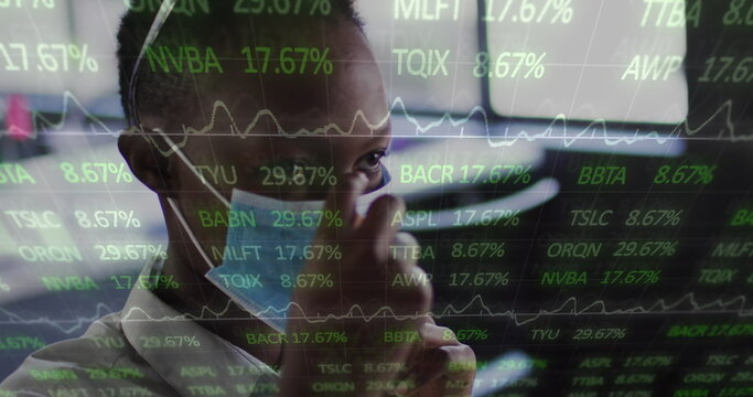 Image of financial data processing over businesswoman wearing face mask in office