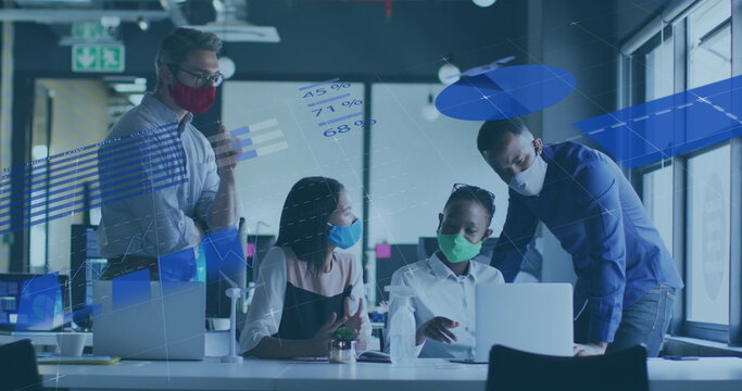 Image of financial data processing over diverse business people with face masks at meeting - Powered by Adobe
