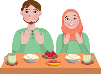 Muslim Family Eat Food Together in Ramadan Kareem Iftar