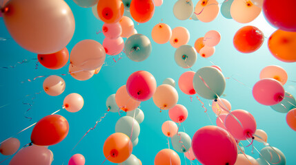 Fototapeta na wymiar Colorful Balloons Floating Against a Clear Blue Sky