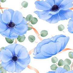 A seamless pattern featuring watercolor floral elements. blue anemones, satin ribbons, and delicate eucalyptus leaves. for fabric prints, digital wallpapers, stationery designs and decorative art