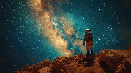 A daring spaceman embarked on a mission to Mars, eager to capture the ultimate selfie against the crimson backdrop of the Martian landscape. - obrazy, fototapety, plakaty