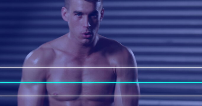 Image of blue and white neon lines over caucasian male boxer warming up