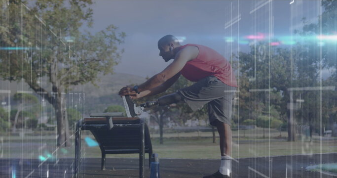 Image of processing data over male athlete with prosthetic leg exercising outdoors
