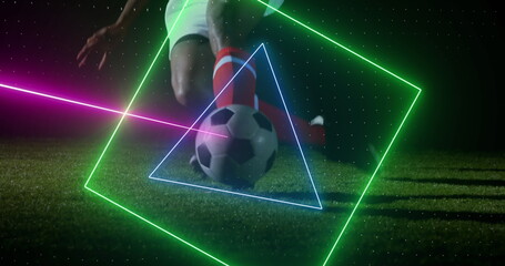 Image of neon scanner processing data over football player kicking ball