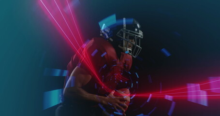 Image of interface processing data over american football player running with ball