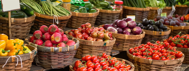 A vegetables and fruit in a market for sell, perfect for background banner or wallpaper backdrop