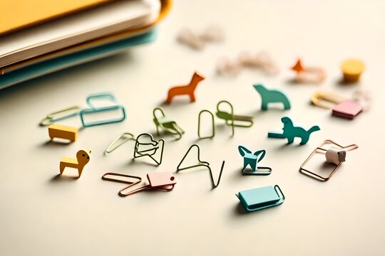 A set of playful, minimalistic paper clips in various shapes and colors, featuring cute illustrations of animals
