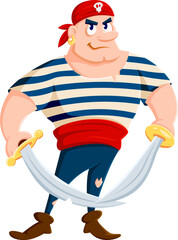 Cartoon sea pirate or corsair sailor character. Isolated vector personage with cunning grin, wearing tattered attire, brandishing gleaming swords, ready for high-seas adventures and daring exploits