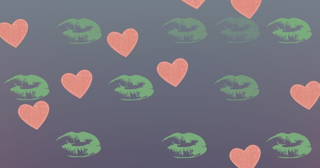 Image of lips and hearts on pink background