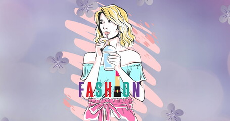 Image of fashion text over woman with shake drawing on blue background