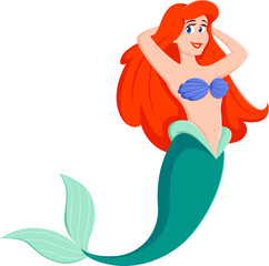 Cartoon mermaid character. Isolated vector fairytale underwater princess personage, with colorful green tail, flowing, long, red hair and a mischievous eyes. Fantasy, playful and enchanting sea girl