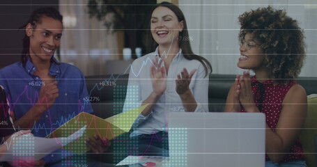 Image of data processing over smiling diverse business people talking