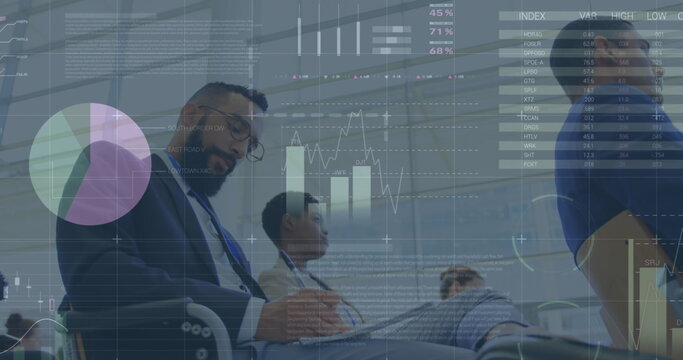 Image of statistic processing over business people at conference