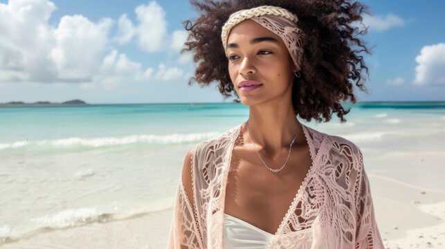 Go for a beachychic vibe with a flowy kimono coverup crochet top and a braided headband while soaking up the sun on a secluded stretch of sand.