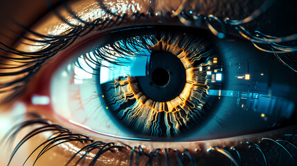 Close-up of human eye with advanced cybernetic enhancements, symbolizing future vision technology - obrazy, fototapety, plakaty